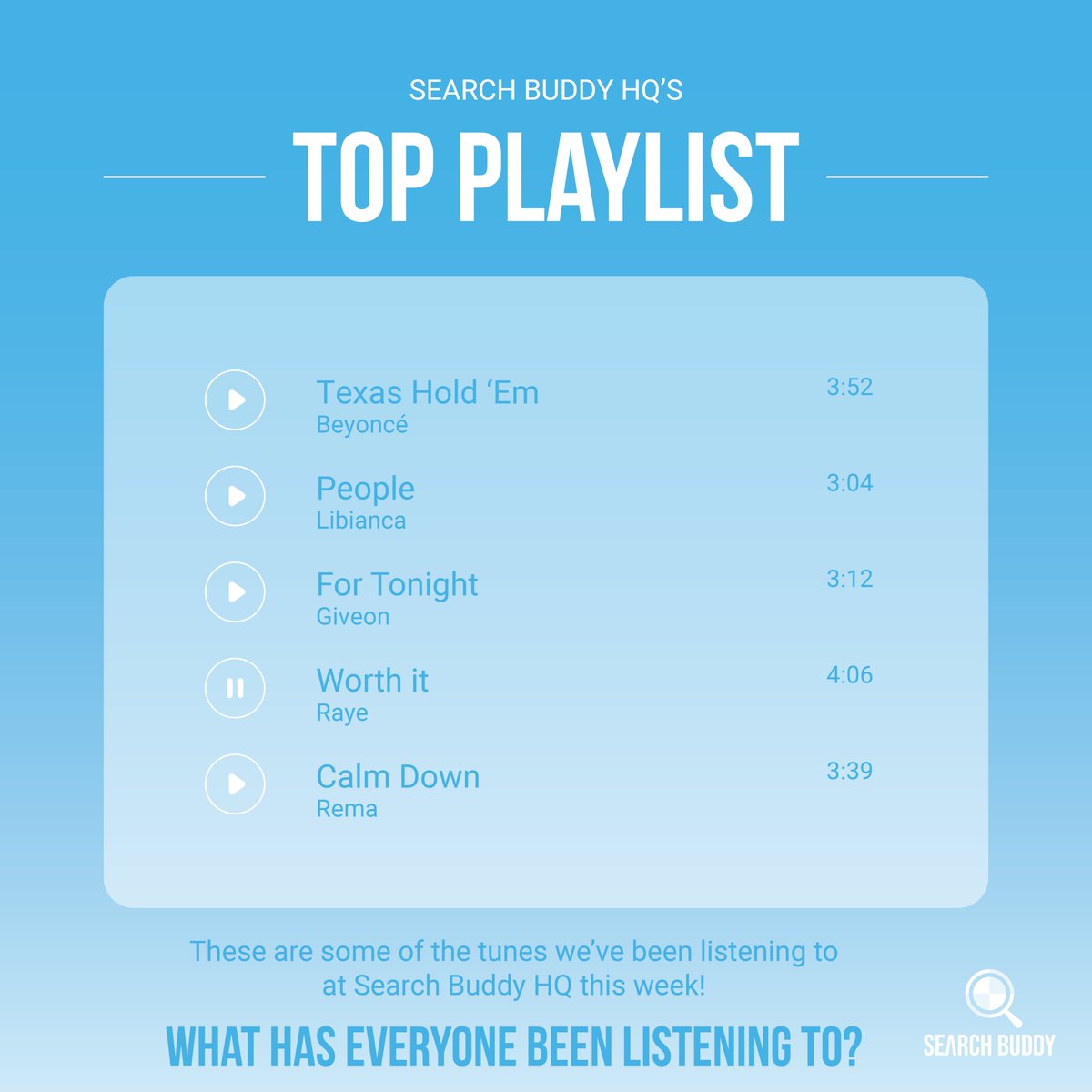 These are some of the tunes we've been listening to at Search Buddy HQ this week! 🎵   

What has everyone been listening to?