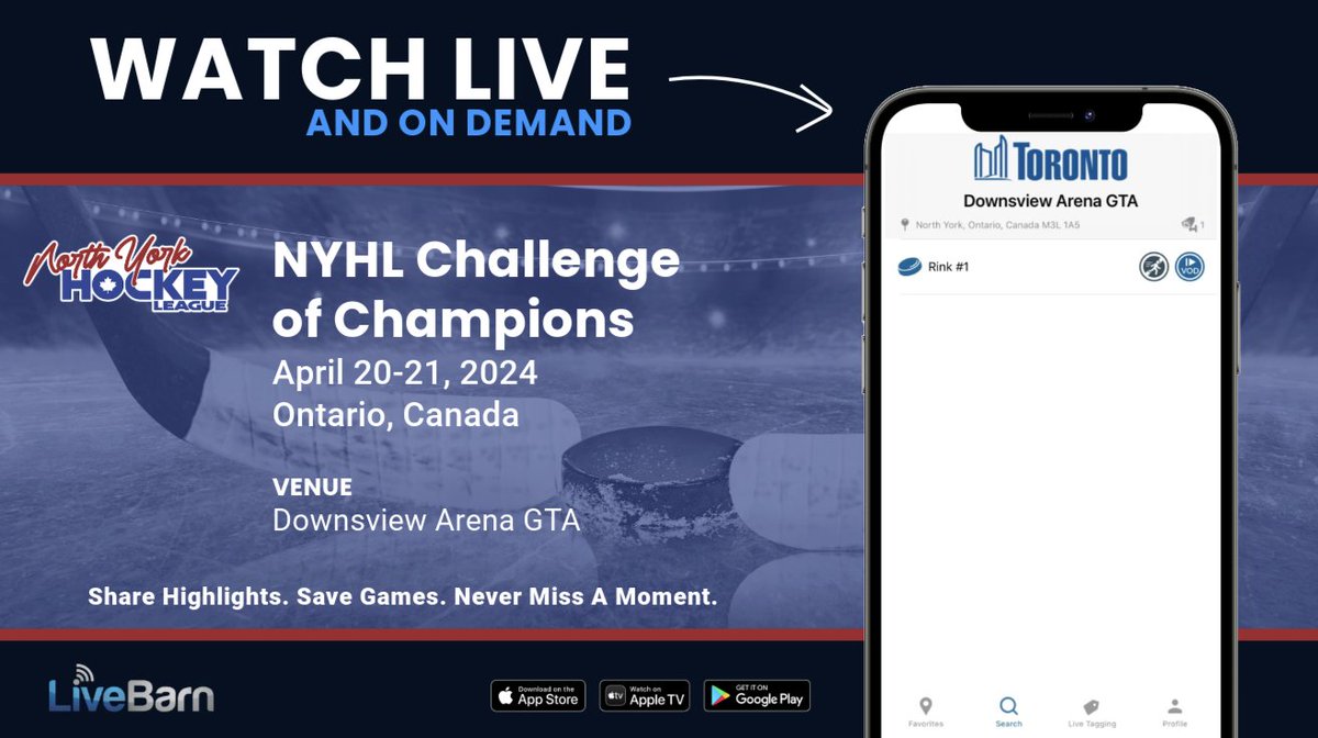 The NYHL Challenge of Champions, presented by the North York Hockey League, begins tomorrow in Canada! 🏒 Can't make it to the rinks? We are streaming games throughout the weekend. Watch live or on-demand for 30 days, and don't forget to submit your highlights! 🎥
