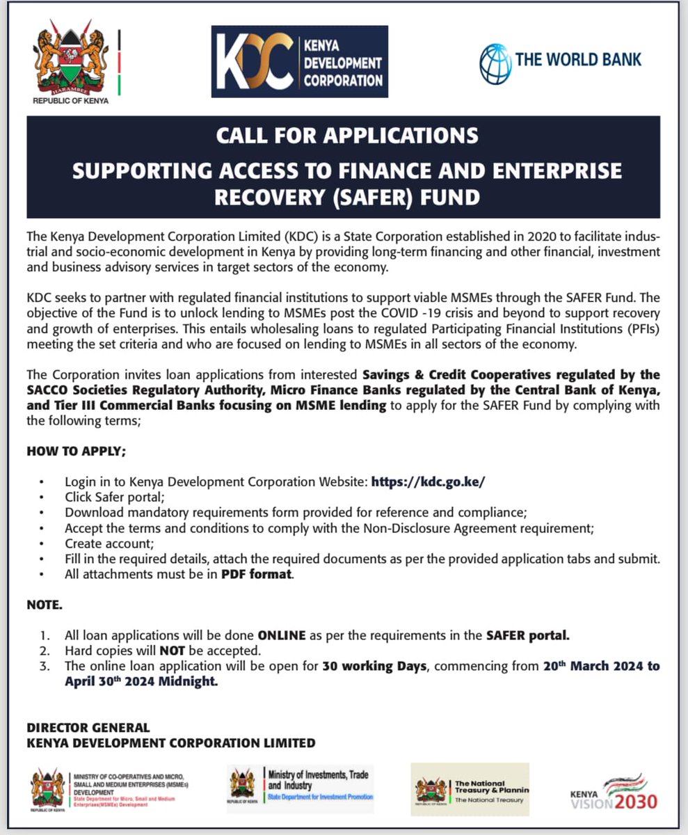 Join us in exploring the SAFER Fund. It is tailored for Savings & Credit Cooperatives regulated by SASRA, Micro Finance Banks regulated by CBK, and Tier III Commercial Banks specializing in MSME lending. Have you applied?