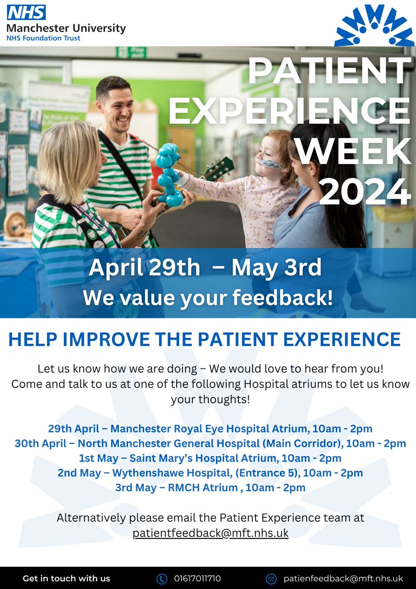 Patient Experience Week 2024 is being celebrated April 29th to May 3rd. The Patient Experience Team will be holding as stall in each of the atriums across the week. Come and meet the Team, where we will be talking all things Patient Experience. #PatientCare #Patientexperienceweek