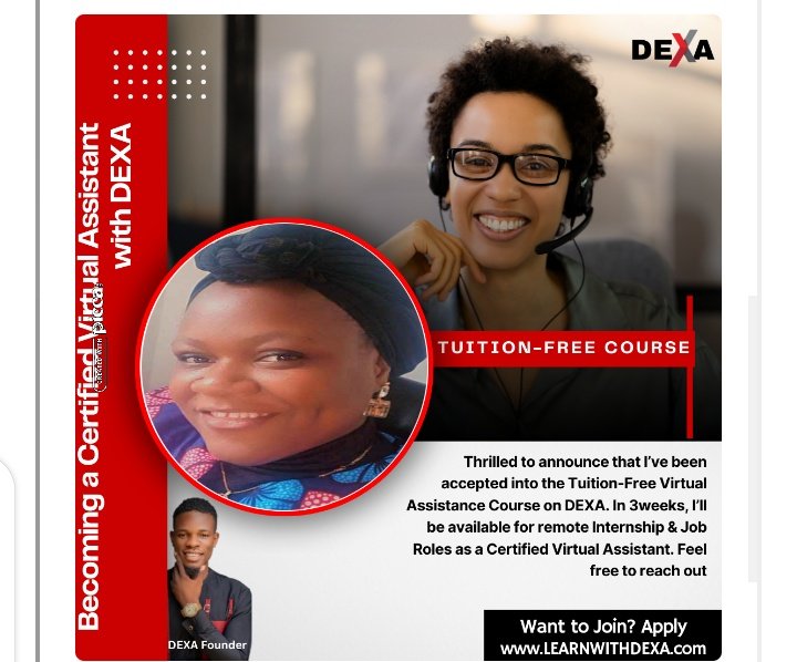 temeelade10's tweet photo. Thrilled to announce that I’ve been accepted into the Tuition-Free Virtual Assistance Course on DEXA. In 3weeks, I’ll be available for remote Internship &amp; Job Roles as a Certified Virtual Assistant. Feel free to reach out if interested https://t.co/sEZcdi5NwU @LearnwithDEXA https://t.co/IhDx6VSb1X
