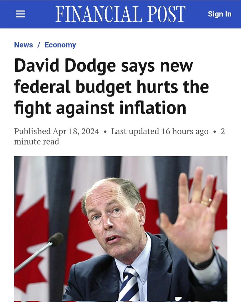 Former central bank governor and devout Liberal says Trudeau’s budget pushes up inflation & interest rates. financialpost.com/news/economy/d…