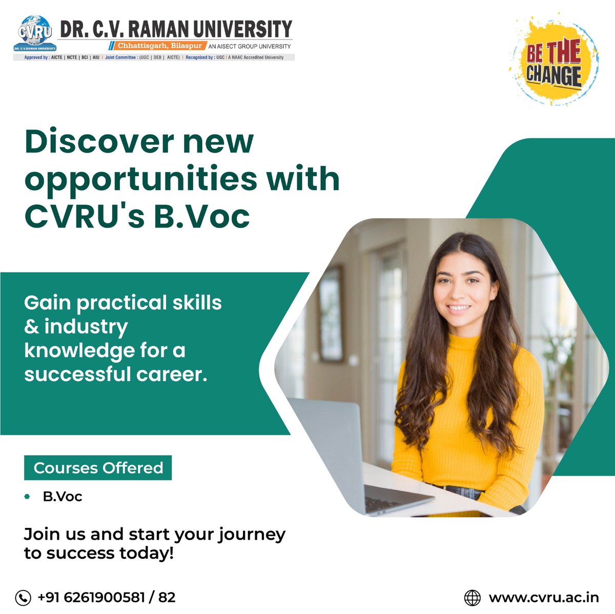 Discover exciting new opportunities with CVRU's B.Voc courses. These programs provide practical skills and industry knowledge essential for a successful career. Join us and start your journey towards a rewarding and fulfilling profession today!

#CVRUCG #BVoc #CareerSuccess