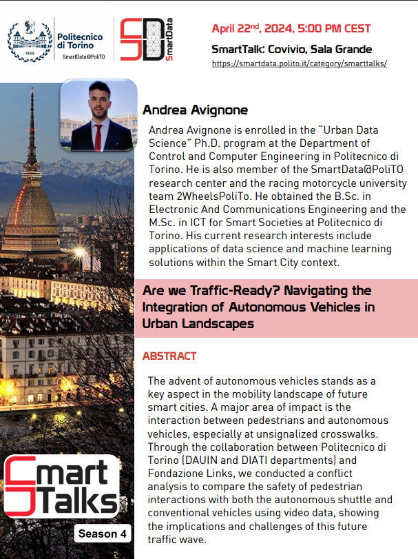 #AppuntamentiPoliTO 📅22 April 2024 at 5,00 pm Are we Traffic-Ready? Navigating the Integration of Autonomous Vehicles in Urban Landscapes ℹ️polito.it/ateneo/comunic…