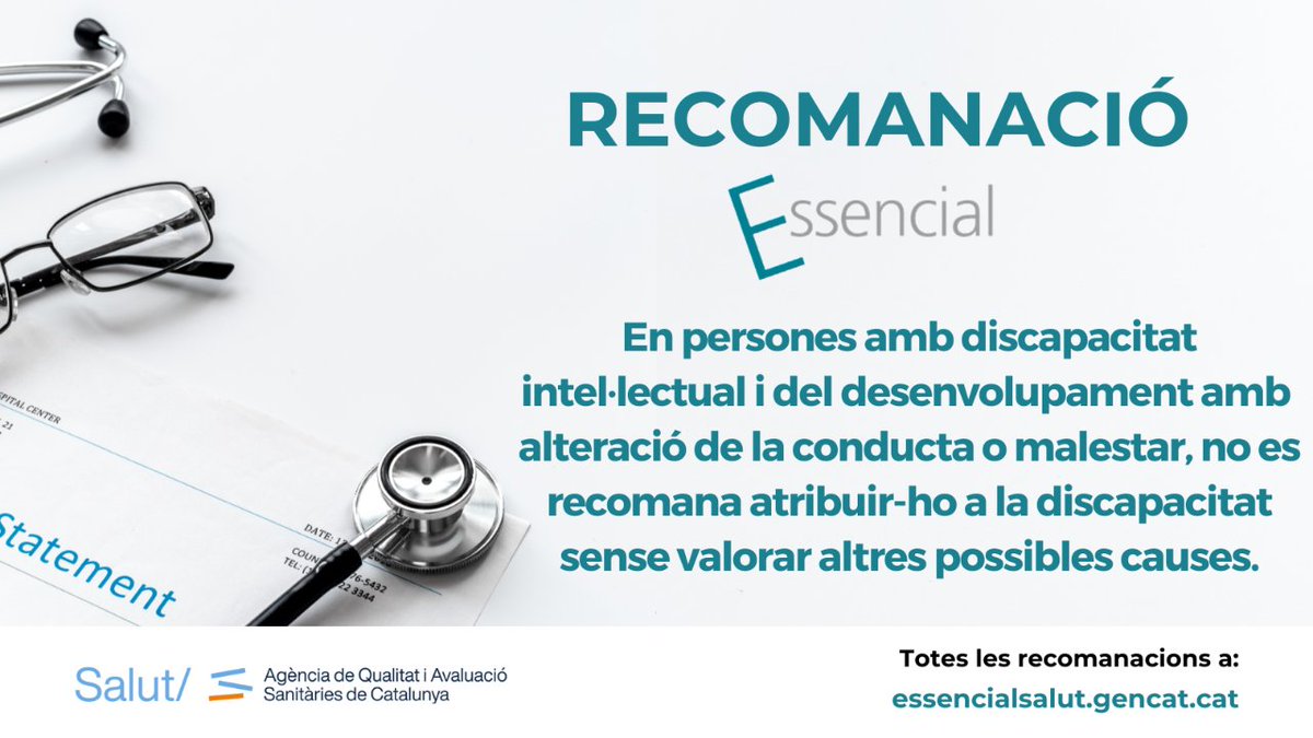 Nova recomanació @AQuAScat #EssencialSalut ➡️ En persones amb discapacitat intel·lectual i del desenvolupament que presentin una alteració de la conducta o malestar, no es recomana atribuir-ho a la discapacitat, sense haver valorat altres possibles causes.
essencialsalut.gencat.cat/ca/detalls/Art…