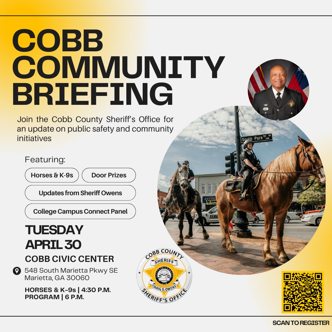 K-9s, horses and prizes, Oh My! 🐎🐶 Meet the Cobb Sheriff’s four-legged officers at the Cobb Community Briefing. Plus: * safety updates * panel discussion 📅 April 30, 4:30 p.m. animals, 6pm program 📍 Cobb Civic Center #cobbsheriff #cobbcounty #publicsafety