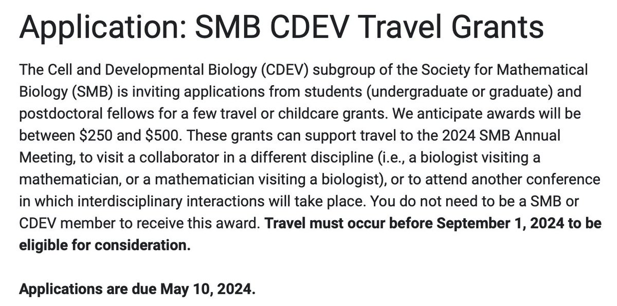 📣Travel and Childcare Grants:📣 The SMB CDEV subgroup invites applications for a few small travel and childcare grants. Applications are due May 10, 2024. See: forms.gle/ciuCCRLxghV1md… for the application form and full details. @SMB_MathBiology