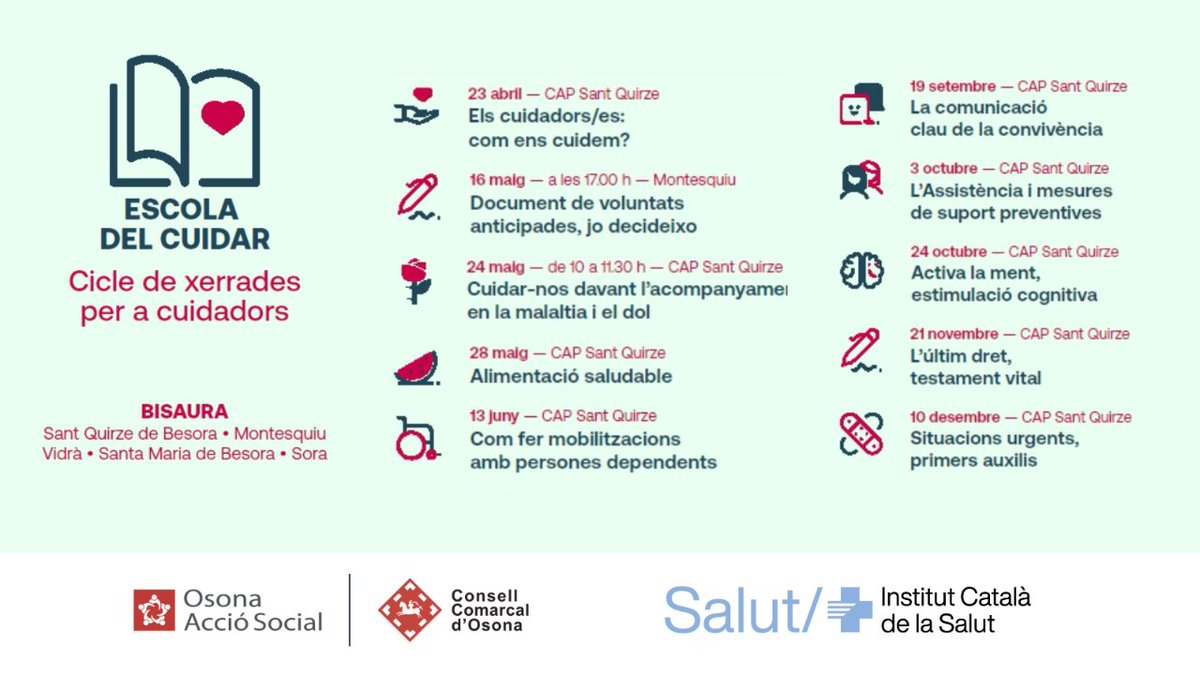 OsonaAccio's tweet photo. 🤝 Arriba l'Escola del cuidar d'#Osona Acció Social i l'@icscatcentral al #Bisaura.
🗣️ Els cuidadors/es: com ens cuidem? a càrrec d'Ariadna Parés, referent de Benestar Emocional
🗓️ 23 d'abril a les 16h
📍 CAP #SantQuirzeDeBesora
Inscripcions gratuïtes 👉https://t.co/J09CF65ks7 https://t.co/mNHZLXEMsS