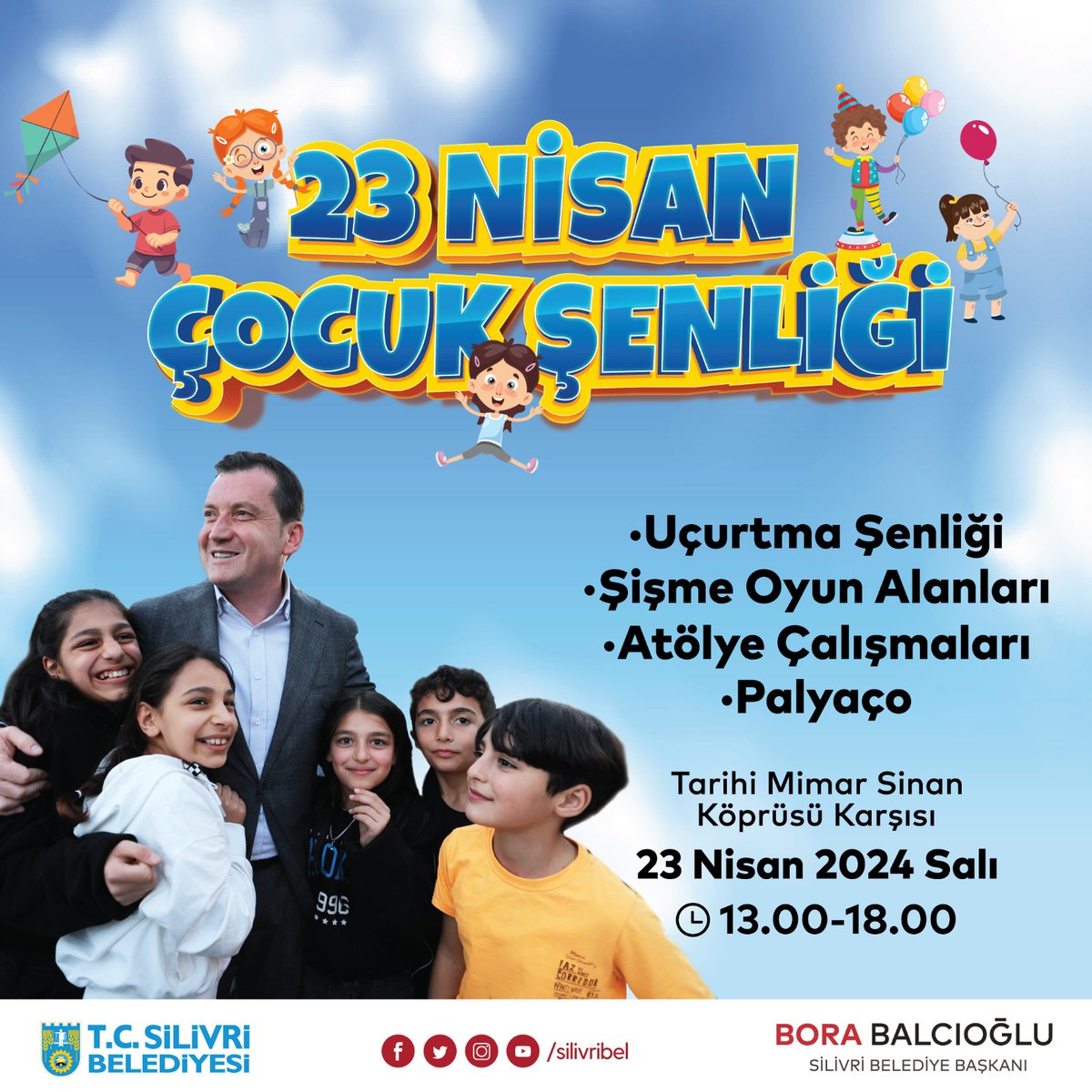 23 Nisan Ulusal Egemenlik ve Çocuk Bayramı’nda tüm çocuklarımız için ‘Çocuk Şenliği’ 🎈

🪁 Uçurtma Şenliği
🎪 Şişme Oyun Alanları
🧩 Atölye Çalışmaları
🤡 Palyaço
🥳 Dans-Eğlence
🎼 Müzik
🎯 Geleneksel Oyunlar

📅 Tarih: 23 Nisan 2024 Salı
⏰ Saat: 13:00 - 18:00
📍 Yer: Tarihi…