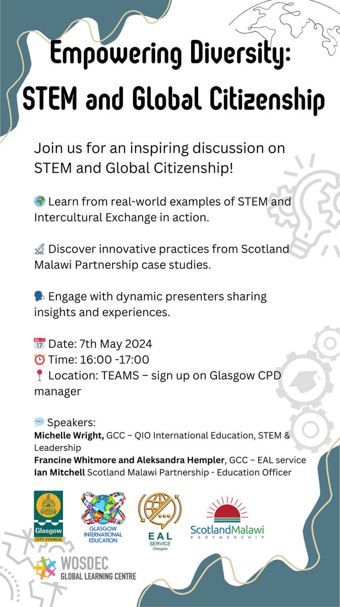 Empowering diversity: STEM and Global Citizenship CLPL session with our partners @wosdec @EALGlasgow @ScotlandMalawi @STEMglasgow 7th May 2024 - SAVE THE DATE. Book on CPD manger shortly 🌍❤️🔬🇲🇼