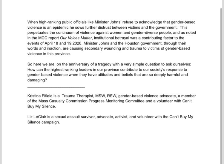 A statement from Kristina Fifield and me regarding ⁦@nspc⁩ Minister Johns comments about gender based violence on the anniversary of the Nova Scotia Mass Casualty event. #nspoli