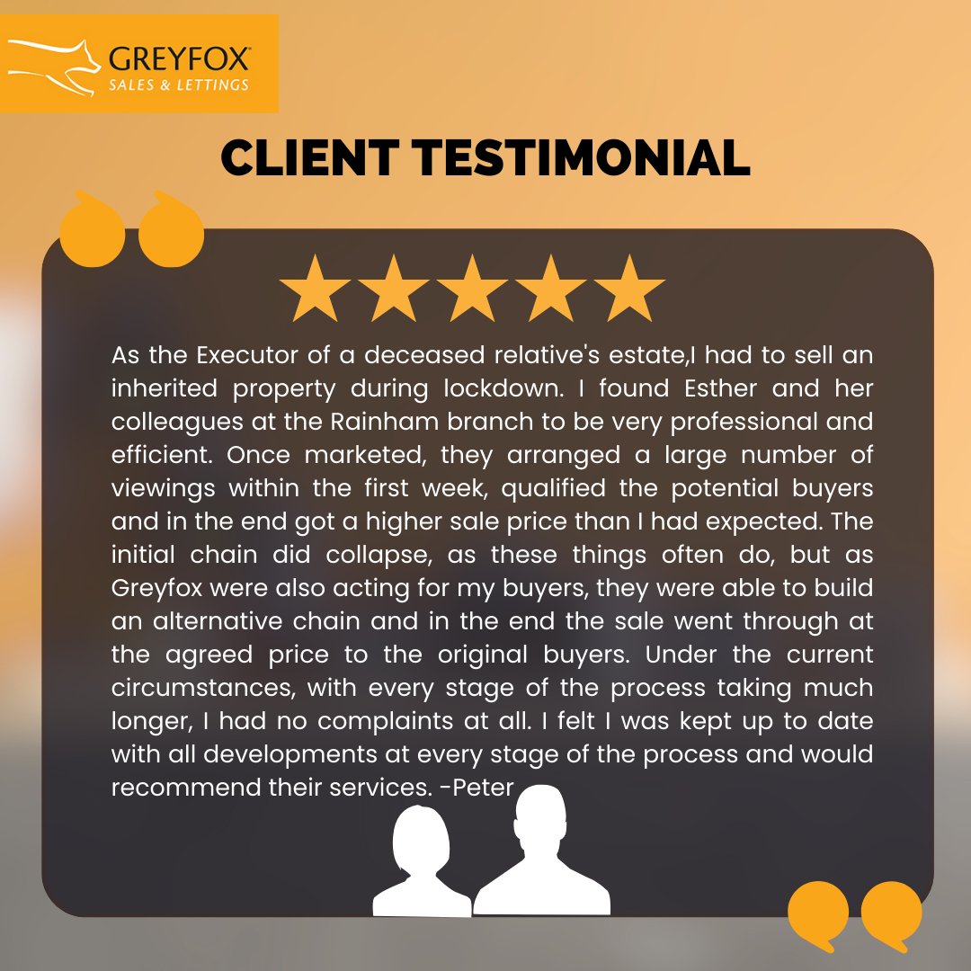 BRILLIANT TESTIMONIAL! ⭐️

We are thrilled to receive a five-star review from our valued client. Thank you for your kind words and allowing us to assist you.

Visit us today: bit.ly/2GljOwV  

#Greyfox #EstateAgents #Property #Testimonial #HappyClient #SatisfiedClient