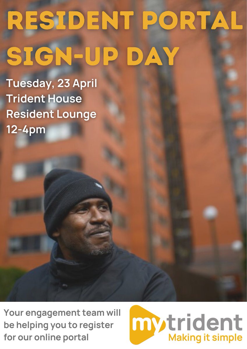 Want to sign up to our portal? Let us make it simple. ✔️ Join our engagement team at Trident House Residents Room on Tuesday to get started. Using our portal you can raise repairs, pay your rent and much more... Unable to join us? Sign up online here📲: tridentgroup.org.uk/residents/mytr…
