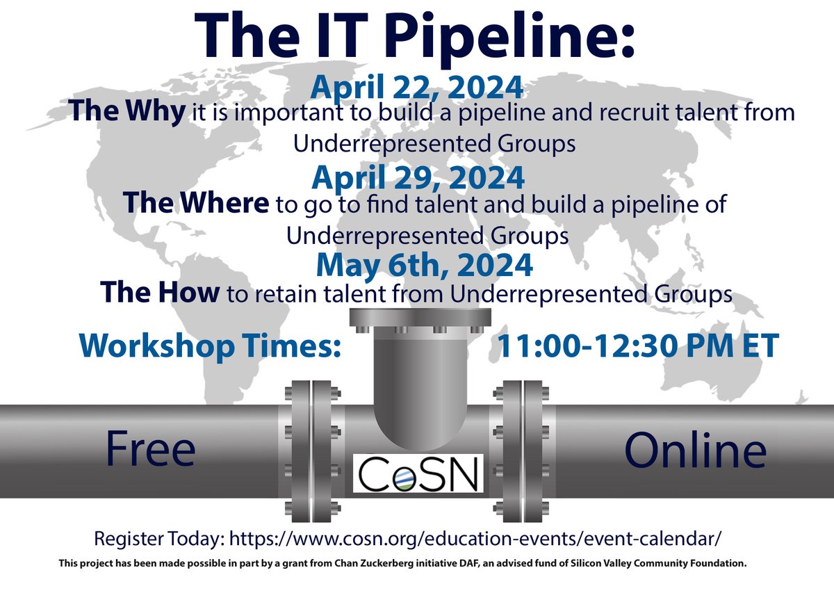 CoSN's tweet photo. Join us starting April 22, April 29, and May 6, at 11 am - 12:30 pm ET, for free The IT Pipeline: Workshop Series. Learn why to recruit, find and retain talent from Underrepresented Groups. Register now -
https://t.co/Aq9ugbSjge @keithkrueger @DrJillBrown #UnderrepresentedGroups https://t.co/2vZKQh1agS