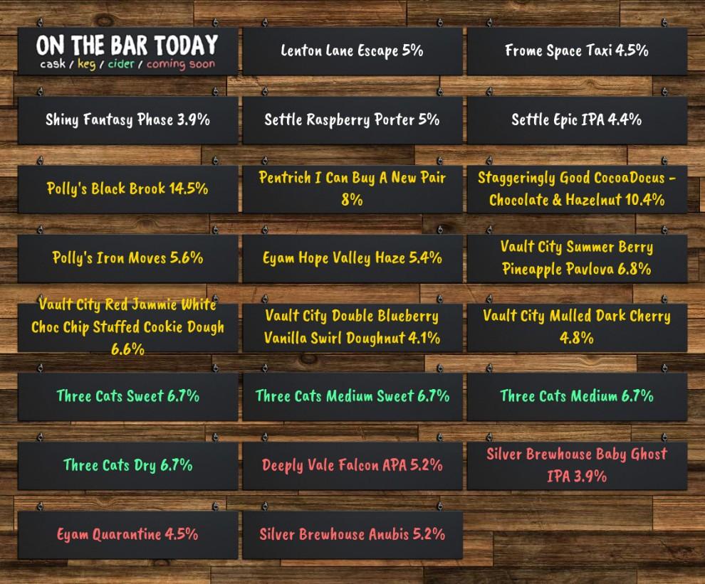 On the bar today!
Beer Board: bit.ly/2J2Q5rQ

@lentonlane @FromeBrewCo @shinybrewery @SettleBrewery @pollysbrewco @PentrichBrewing @StaggeringBeer @EyamBrewery @vaultcitybrew #ThreeCatsCider @ChezCAMRA
#RealAleFinder