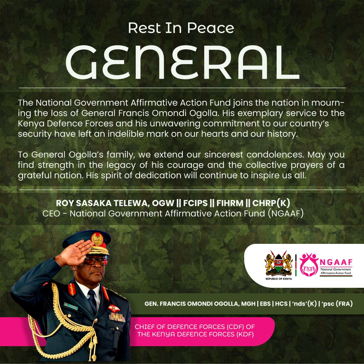 I am saddened by the passing of Gen.Francis Ogolla, and the valiant officers. Kenya mourns the loss of an esteemed leader. His commitment and contributions to Kenya will be forever cherished. My heartfelt sympathies go to all their loved ones, friends, and the KDF fraternity.
