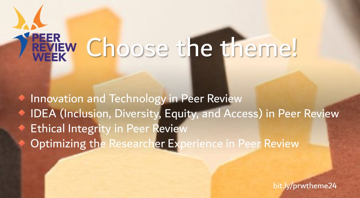 The @PeerRevWeek committee invite researchers, journal editors and all members of the academic publishing community to participate in selecting this year’s theme. Voting closes Friday, 26 April, 2024. bit.ly/prwtheme24 #PeerReviewWeek