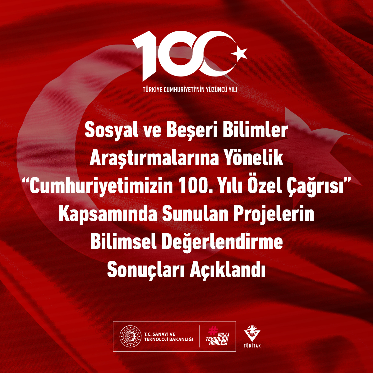 📢 Sosyal ve Beşeri Bilimler Araştırmalarına yönelik “Cumhuriyetimizin 100. Yılı Özel Çağrısı” kapsamında sunulan projelerin bilimsel değerlendirme sonuçları açıklandı! 📝 Değerlendirme sonucunda 8⃣7⃣ proje önerisinin desteklenmesine, 3⃣ proje önerisinin, belirtilen