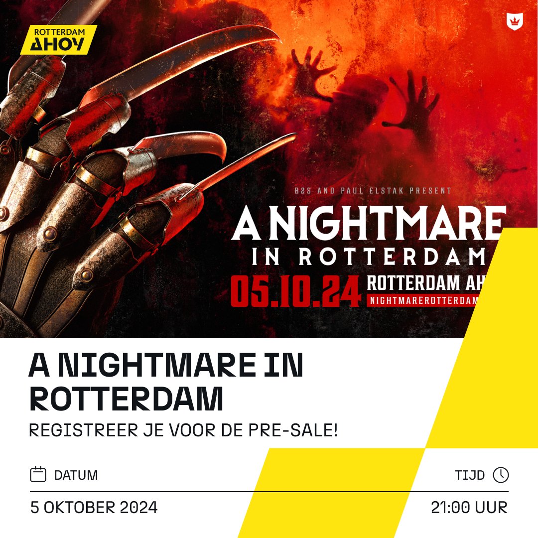 A Nightmare in Rotterdam RETURNS! Een nacht vol hardcore op 5 oktober 2024. Toegang tot de exclusieve pre-sale? Registreer je dan snel via ahoy.nl/agenda/dance-e… #NightmareinRotterdam #Ahoy #RotterdamAhoy