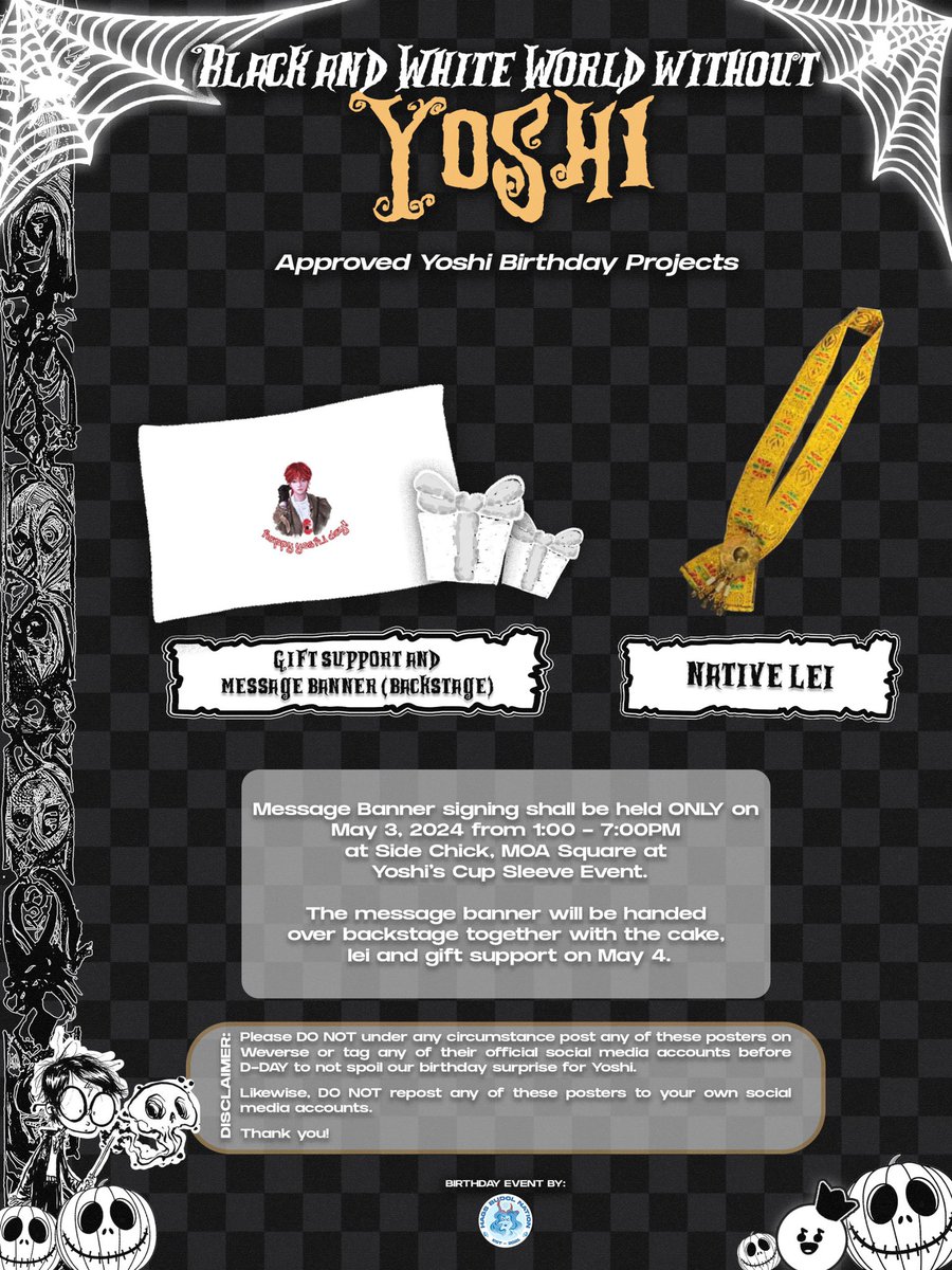 H4gsNation's tweet photo. 🖤🤍 Black &amp; White World without Yoshi 🤍🖤

Hello Hoshis &amp; Teumes! We present to you the APPROVED birthday projects for Yoshi! 🥳

Please take time to read each poster for more details 🫶🏼

See you on May 4!! 🥰

#BlackandWhiteWorldwithoutYoshi
#TREASURE_REBOOT_IN_MANILA https://t.co/mPRINFavmE