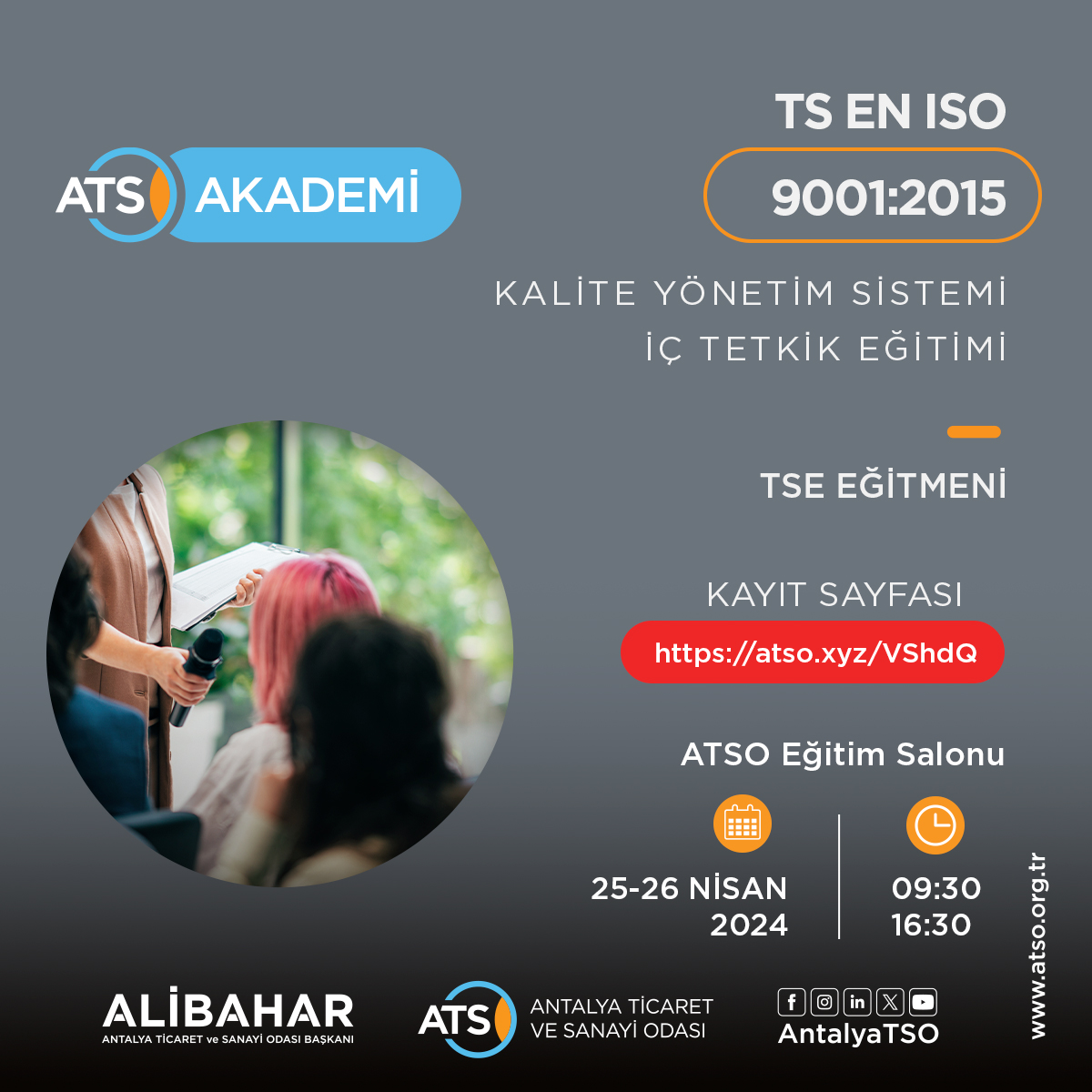 ATSO Akademi ve Türk Standartları Enstitüsü işbirliğinde düzenlenecek olan “TS EN ISO 9001:2015 Kalite Yönetim Sistemi İç Tetkik Eğitimi”; 25-26 Nisan 2024 tarihlerinde ve 09:30-16:30 saatleri arasında, Odamız Eğitim Salonu'nda gerçekleştirilecektir.