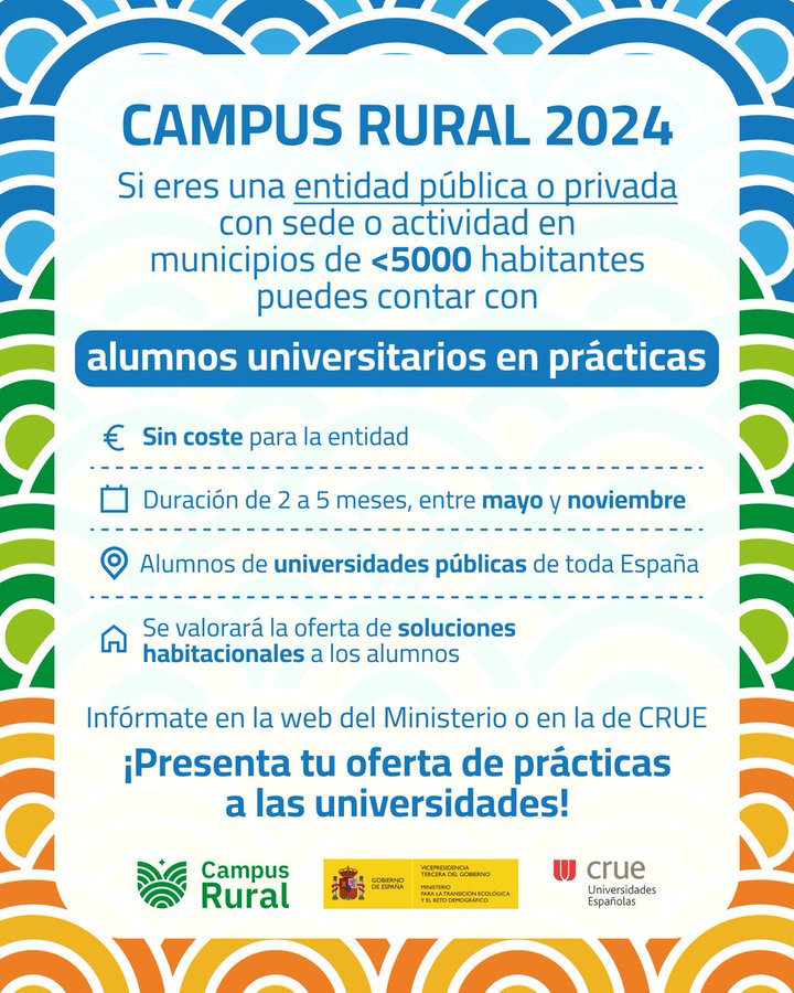 🏡 ¿CONOCES CAMPUS RURAL? Presentamos la III Edición del primer programa nacional de inmersión académica rural 🎓 ► Atrae talento joven a pequeños municipios en riesgo de despoblación ✓ TERRITORIO ✓ FORMACIÓN ✓ FUTURO Toda la info → t.ly/OVXtr