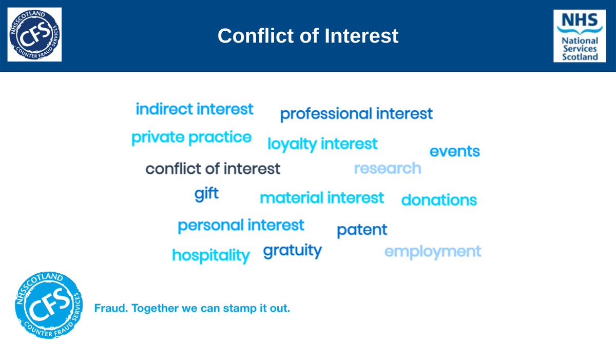 Take a moment to consider whether you should declare a conflict of interests if you work in the #NHS. There are key financial instructions in each Health Board area that you must comply with. If in doubt, ask your line manager. #StampOutFraud