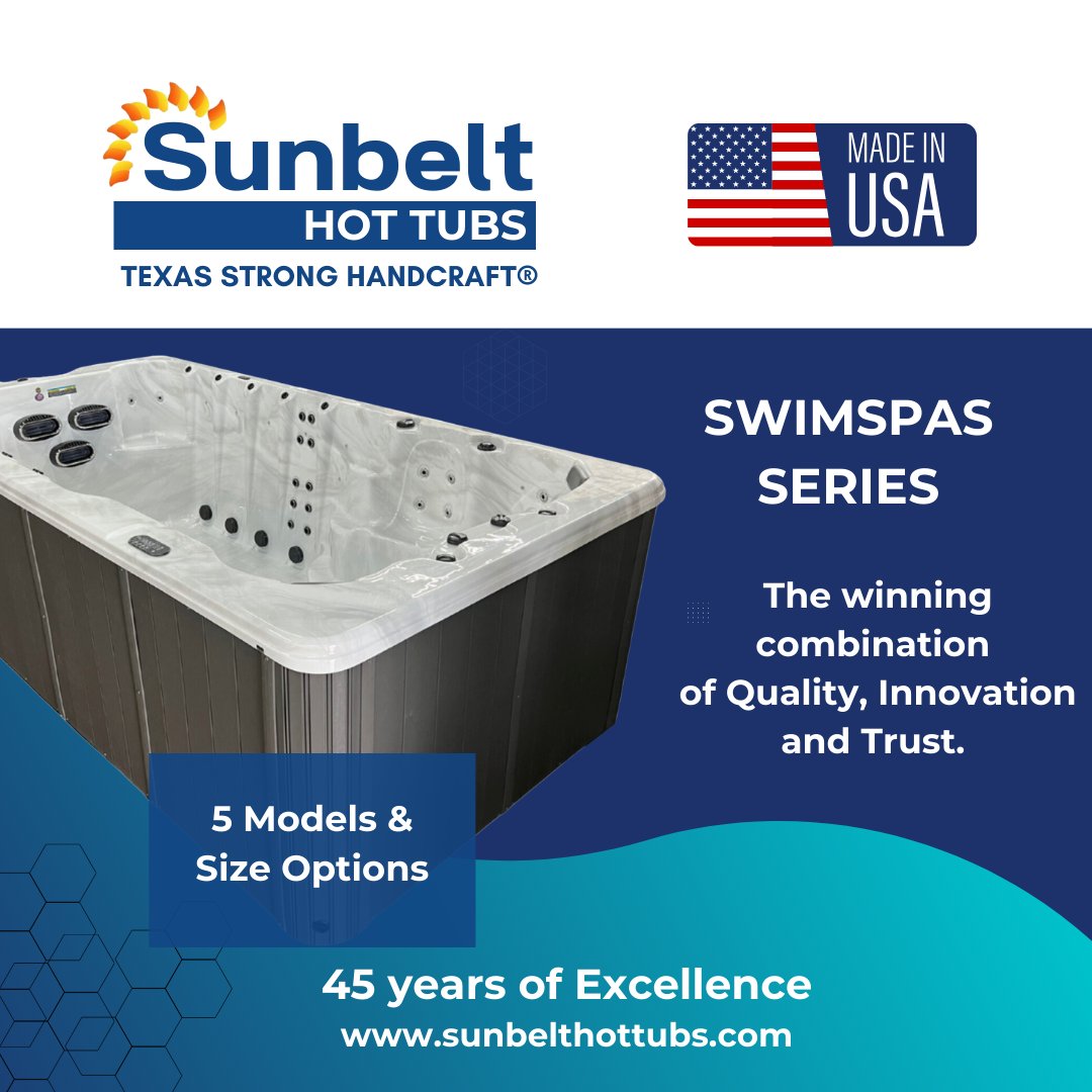 **Paid Advertisement**

Sunbelt Hot Tubs is offering five swim spa models for swimming and luxury hydrotherapy activities, including the amazing 14-foot Model  1431 'Indulgence' Swim Spa. Made in the USA.

Learn more: sunbelthottubs.com
@sunbelthottubs