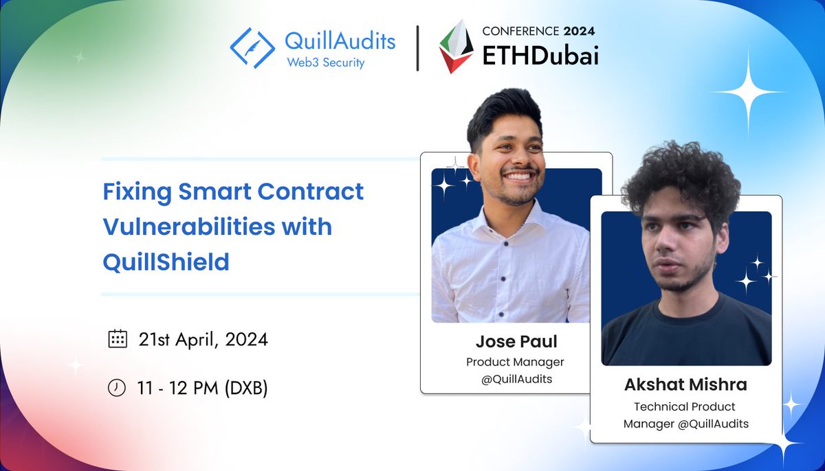 QuillAudits_AI's tweet photo. 🇦🇪 We're super excited to announce that we're conducting a workshop in #ETHDubai this Sunday! 🔥
Join @0xakshat and @josepaul_jp as they showcase 🛡️ #QuillShield's prowess to find & fix smart contract vulnerabilities 🤖
📅 Sunday, April 21st @ 11 AM DXB
See you there!
#Web3Security #AI