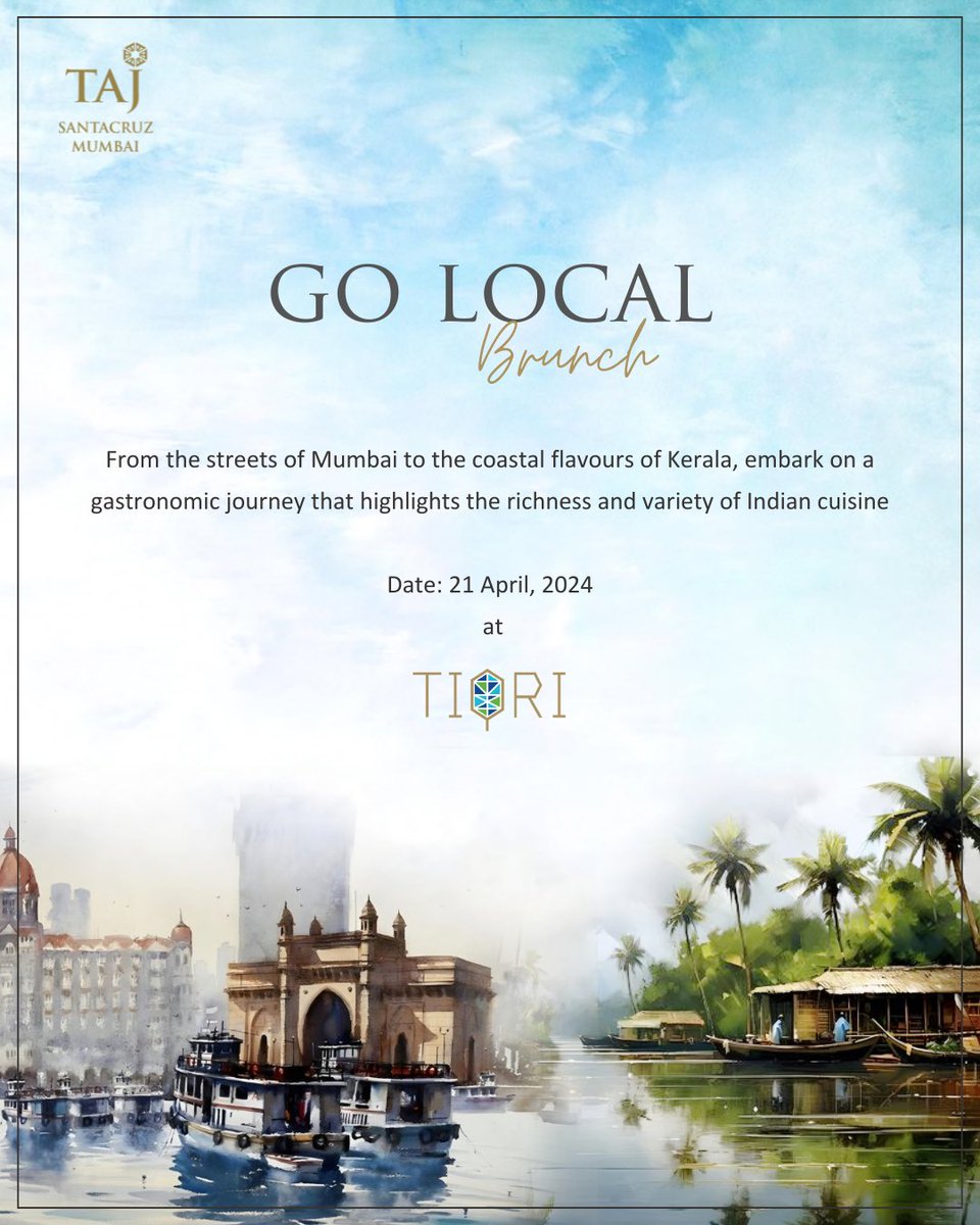 Join us at Go Local Brunch at Tiqri, where we invite you to savour the essence of our region's culinary heritage.
For more details and reservations, please call:
 +91 22 62115211

#TajSantacruz #TajHotels #Mumbai #UrbanRetreat #TajSantacruz #BrunchatTiqri #GoLocal #Localgoodness