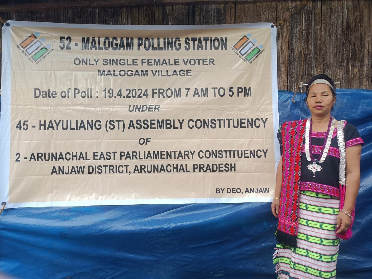 No #VoterToBeLeftBehind! 🙌✨

Voting in Malogam Polling Station of #ArunachalPradesh completed successfully 🤝

Lone Voter of Malogam Polling Station Sokhela Tayang (44) cast her vote.

#ChunavKaParv #DeshKaGarv #ECI #Election2024 #LokSabhaElection2024