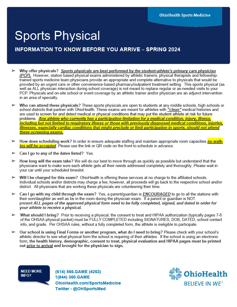 The Teays Valley High School Athletic Department and OhioHealth are pleased to announce our free physical dates for this spring. Please review the information below to schedule a free athletic physical at your desired location.