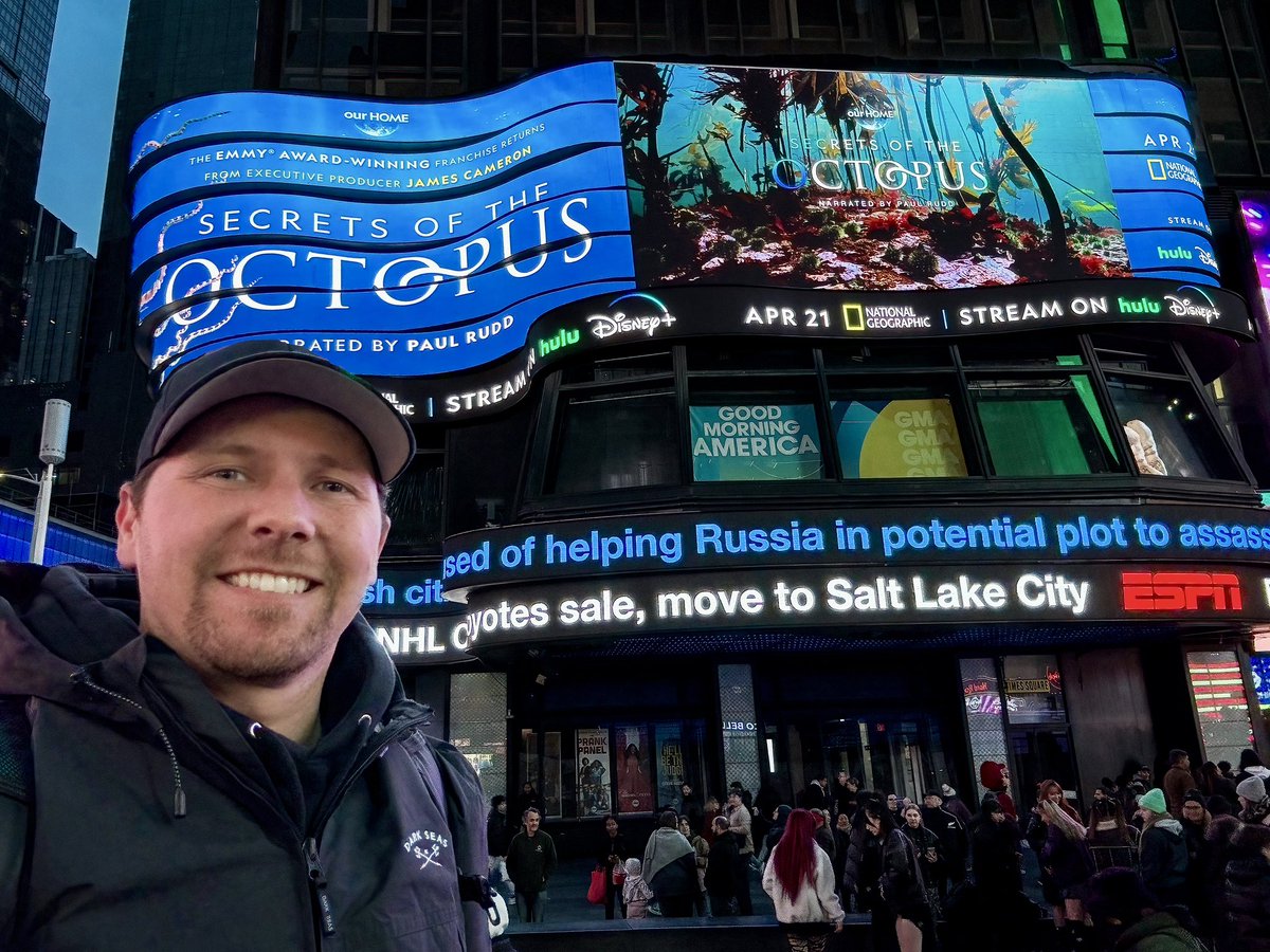 MaxwelHohn's tweet photo. I stopped by Time Square in New York City to see 'Secrets of the Octopus' on the billboards! The series will be available on Nat Geo TV on April 21st and on Disney+ / Hulu on April 22nd #secretsoftheoctopus #natgeotv https://t.co/GdVn0zb4K7