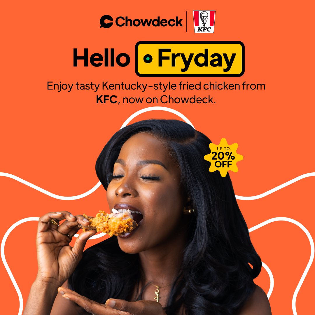 We’re thrilled to welcome our new partner, KFC Nigeria (@kfcnigeria)! 🐔 Enjoy tasty Kentucky-style fried chicken, signature fries, and more from KFC, now 20% off only on Chowdeck! ❤️‍🔥 What are you waiting for? Hurry and order now! #Chowdeck #KFCNigeria #HelloFryday