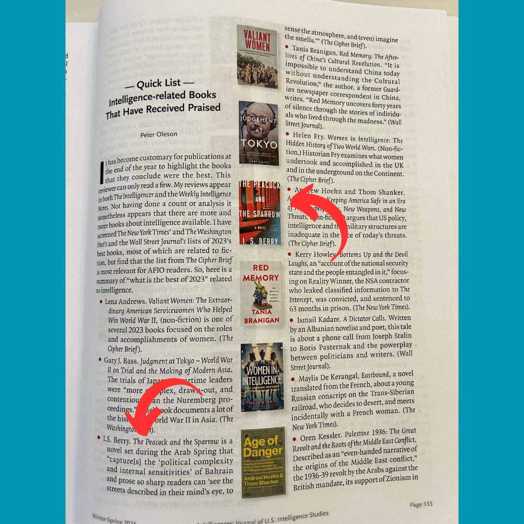 Thrilled to see THE PEACOCK AND THE SPARROW on The Association of Former Intelligence Officers' Best Books of 2023 list, alongside @DrHelenFry, @OrenKessler, @mccloskeybooks, & others. @AFIO @AtriaMysteryBus @AtriaBooks @simonschuster #spy @ITWDebutAuthors