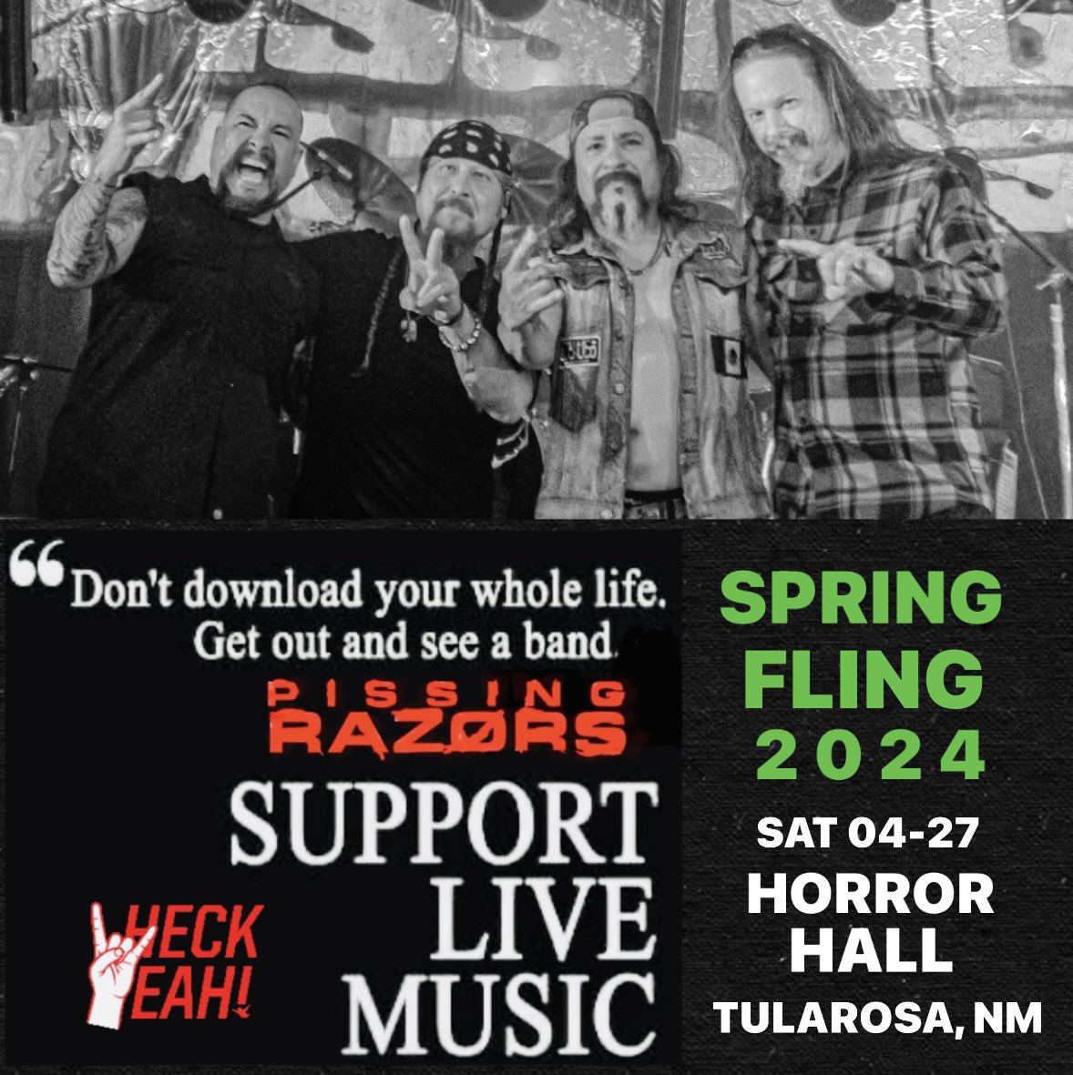 SPRING FLING 2 0 2 4 A day of food, fun, & 🎶 MUSIC 🤘🏼 Brought to you by Mad Irishman Productions & Kiva Productions Saturday, April 27 @ Horror Hall, Tularosa, NM GUITAR 🎸GIVEAWAY!! Food trucks!! Coffee truck!! Vendors selling cool stuff!! All ages!! TIX 💲10