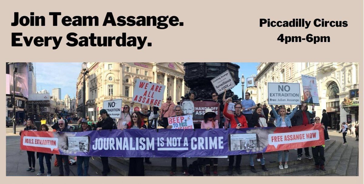 Join Team Assange London Saturday 4-6pm, Piccadilly Circus
Julian Assange must be freed. 
#FreePress #FreeSpeech
#JournalismIsNotACrime