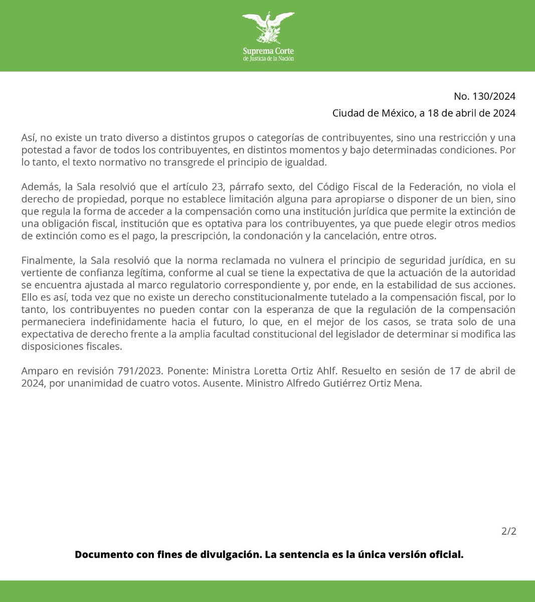 La #PrimeraSalaSCJN resolvió que la previsión del beneficio denominado “compensación universal” únicamente para contribuyentes sujetos a facultades de comprobación, es constitucional. bit.ly/4aGa0qb