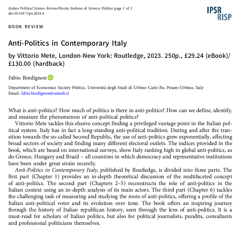 A #new 🆕 #BookReview📖  has been published in #FirstView 🧐

@fabord reviews @MeteVittorio's 2023 volume on anti-politics in contemporary Italy
@routledgebooks @Rout_PoliticsIR 

#free 🆓 access here👉cambridge.org/core/journals/…