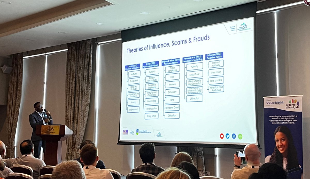 PhD candidate @Faithful_c_o speaks at @ISACAIreland conf on his research on the use of LLMs to discover psychological vulnerabilities in phishing emails supervised by @liliana118 & @JurcutAnca with @rajesh_titung supervised by @RITtigers Profs Cecilia Alm @nlprit & Esa Rantanen.