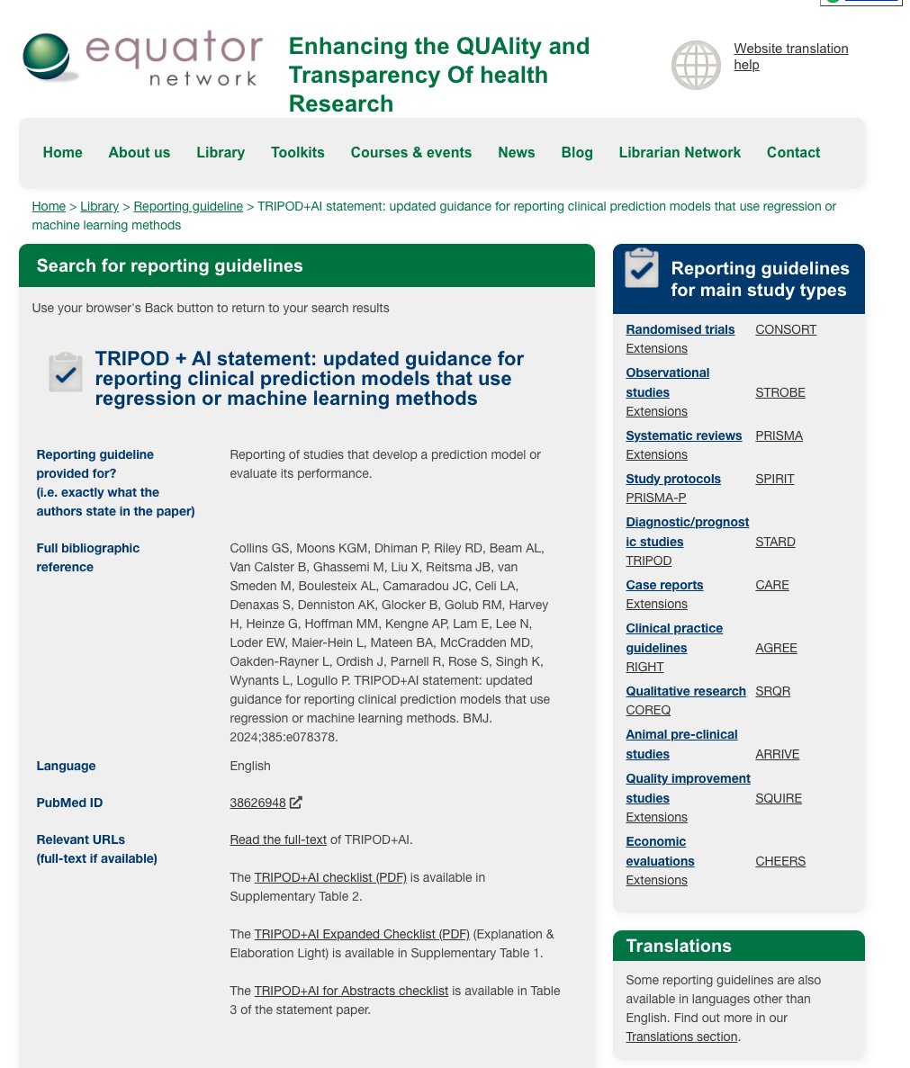 Doing healthcare research developing or evaluating prediction models using #artificalintelligence (#machinelearning)? TRIPOD+AI is the latest reporting guideline to be included in our library (tinyurl.com/34u5hsye) The full paper can be found here (bmj.com/content/385/bm…)