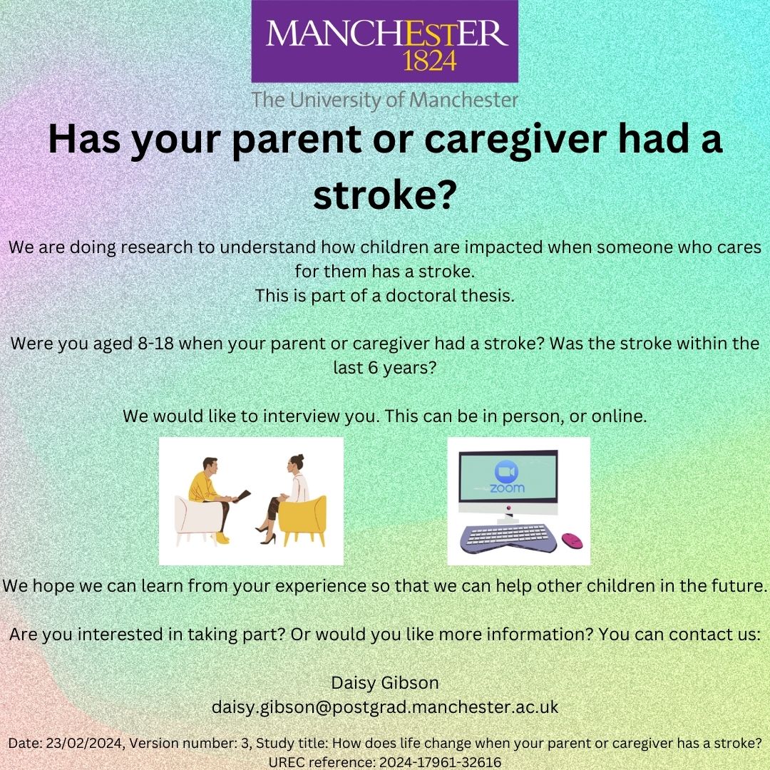 Our recruitment is underway but we need more participants! If you know of anyone who may be interested, please share far and wide. @GMNISDN @diffstrokes @UKStrokeForum @BIASPstroke @CarersUK @MCRYoungCarers @audreybowenprof @ajteager @HeadwayUK