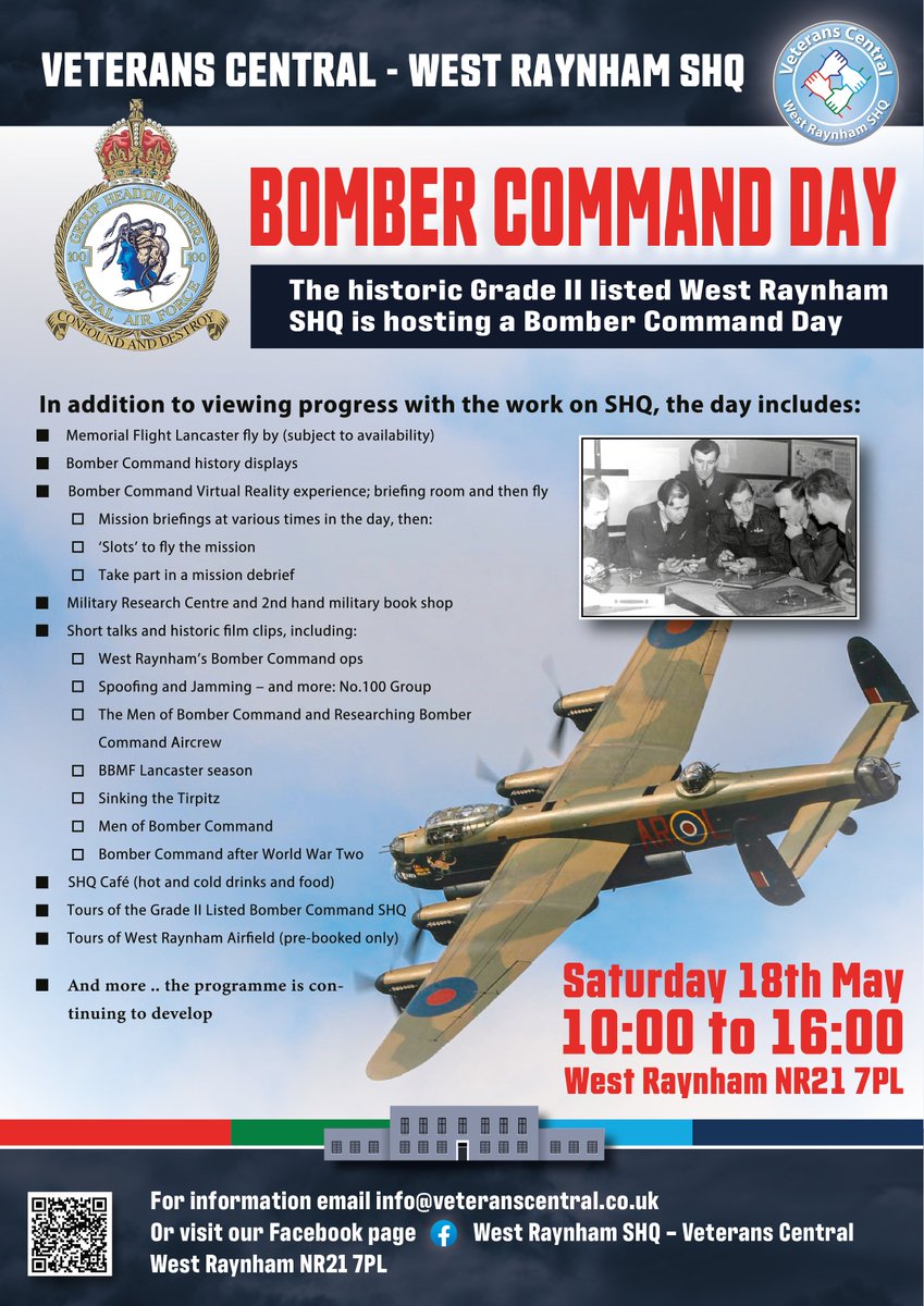 Bomber Command History Day with displays and presentations, Lancaster flypast (subject to availability), reenactors, cafe, and more. Sat 18th May, West Raynham NR21 7PL