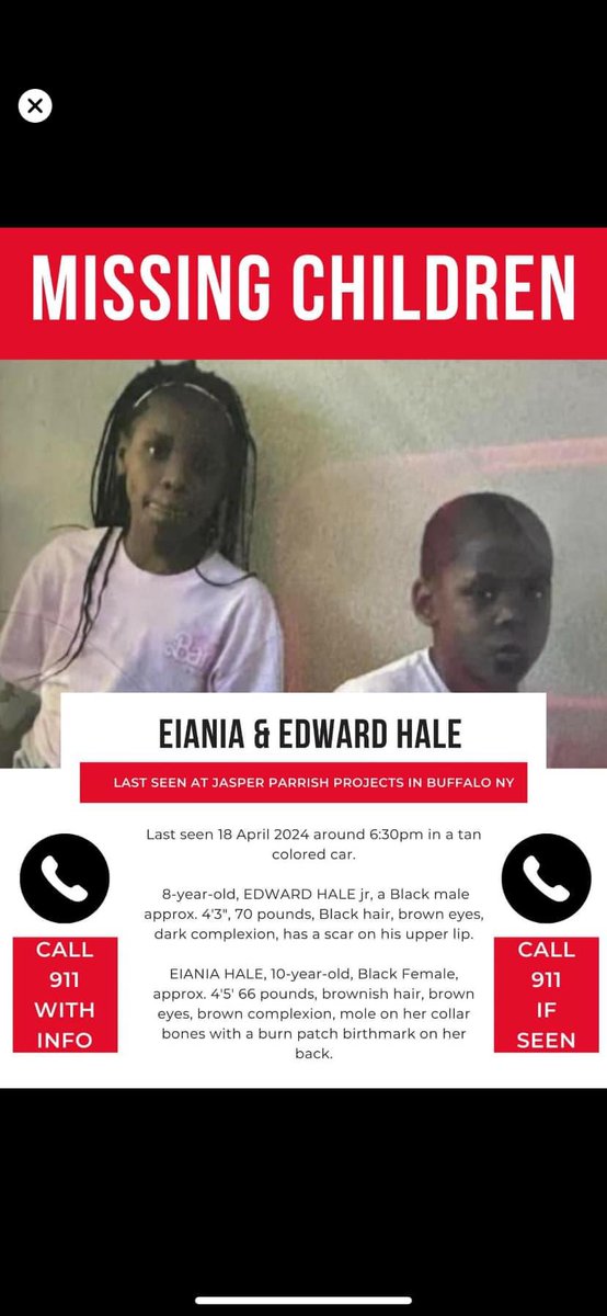 🚨🚨🚨🚨
#AmberAlert criteria not met
#MISSING #MissingChild
#Buffalo Two siblings 
Last seen at 6:30pm 4/18 at Jasper Parish Projects off Hertal Ave near Military Ave getting into a tan car near the bus stop
#EianiaHale 10yof #EdwardHale 8yom
#WNY #ErieCounty @BuffaloNYPolice