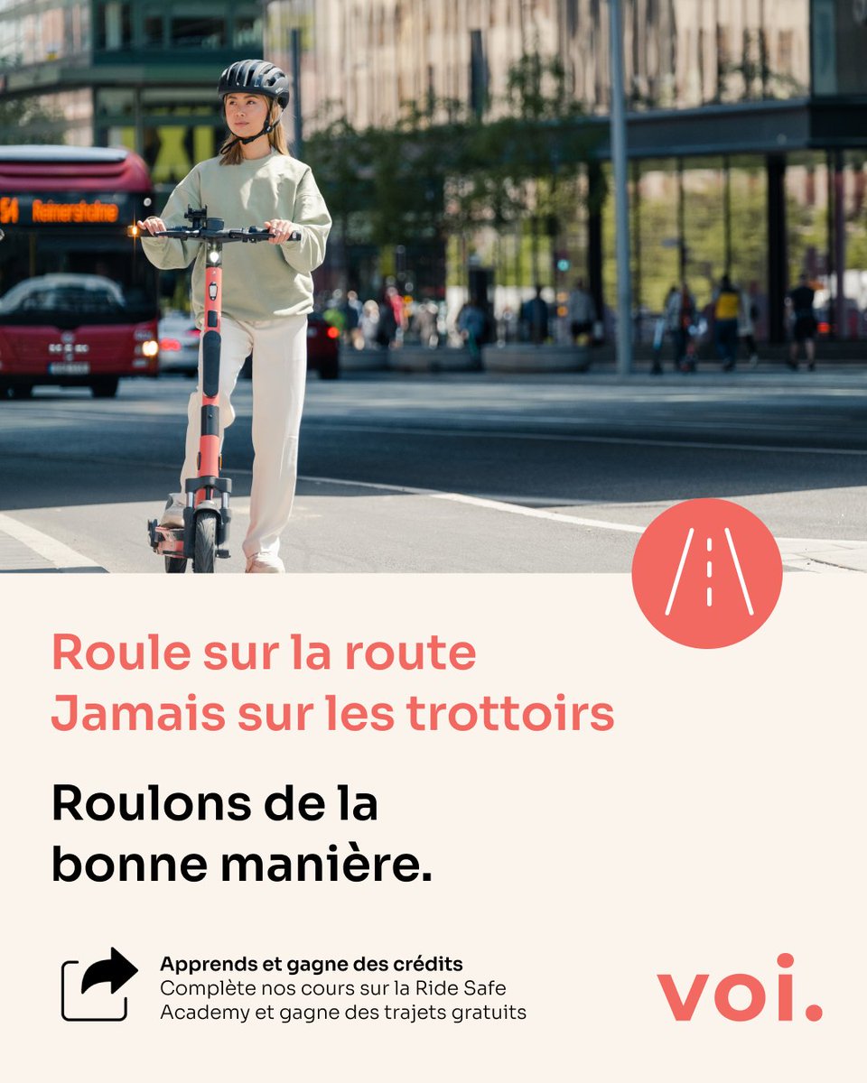 Sécurité d'abord! Roulez sur la route, jamais sur les trottoirs. Suivez les bons gestes avec la RideSafe.voi.com pour apprendre facilement et gagner des trajets gratuits 🛴#SecuriteRoutiere #RideSafe #Voi #ConduiteResponsable