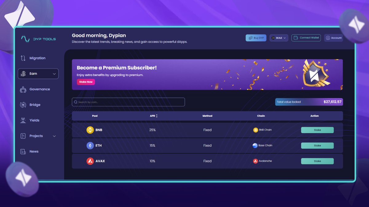 Our latest #DYP product has brought three staking pools live, with more new pools on the horizon thanks to our existing and upcoming partnerships. New projects looking to offer staking to the community can join easily. Can you guess the new pool that will come soon? 👀