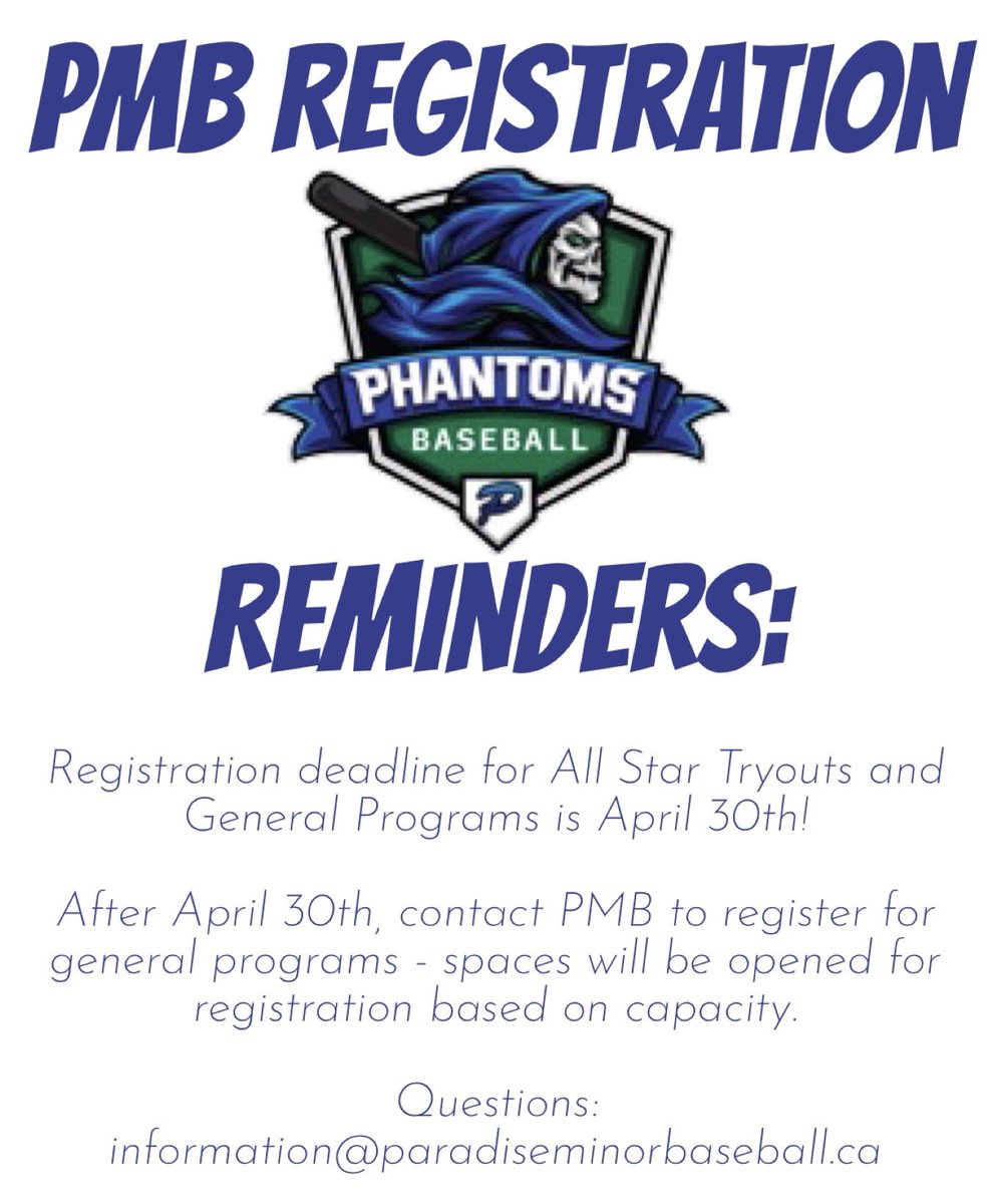 PMBPhantoms's tweet photo. Deadline to register for All Star Tryouts is April 30th. No All Star Tryout reg. will be accepted after this. 
General prog. reg. closes April 30th. Remaining Junior (5U/7U/9U) &amp; Senior HL (11U-18U) spots after that will be filled from a waitlist until capacities are reached. https://t.co/cP0Uocd37A