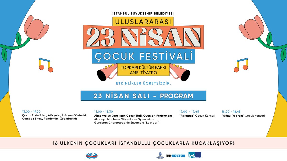 23 Nisan Ulusal Egemenlik ve Çocuk Bayramı’nı Türk ve dünya çocukları ile birlikte Uluslararası 23 Nisan Çocuk Festivali’yle; konserler, şenlikler, halk dansları gösterileri, atölye çalışmaları ve renkli oyunlarla kutluyoruz. 🎈🥳👫 kultur.istanbul/topkapi-kultur…