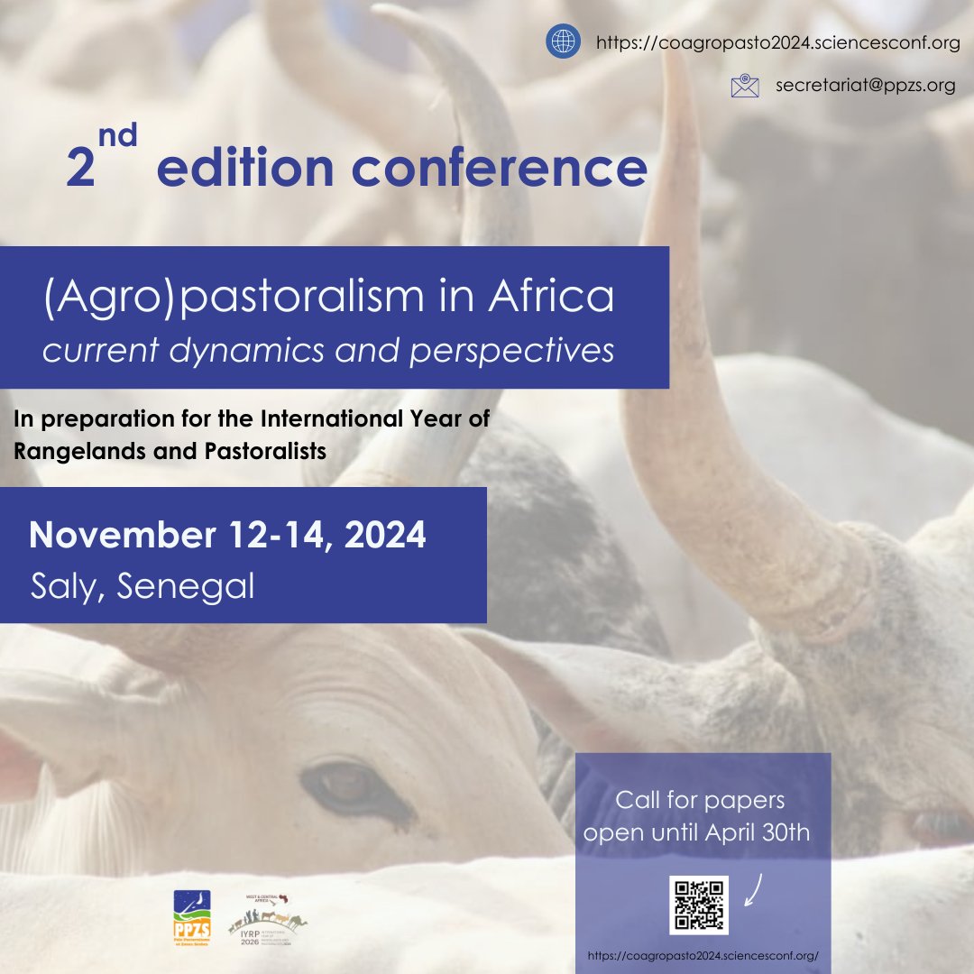 IYRP2026 West&CentralAfrica (@iyrpwcafrica) on Twitter photo Prolongation de la date de soumission de vos résumés pour le colloque (agro)pastoralisme en Afrique dynamiques en cours et perspectives qui se tiendra du 12 au 14 novembre 2024 à Saly, Dakar. Vous avez jusqu’au 30 avril ! Prolongation de la date de soumission de vos résumés pour le colloque (agro)pastoralisme en Afrique dynamiques en cours et perspectives qui se tiendra du 12 au 14 novembre 2024 à Saly, Dakar. Vous avez jusqu’au 30 avril !