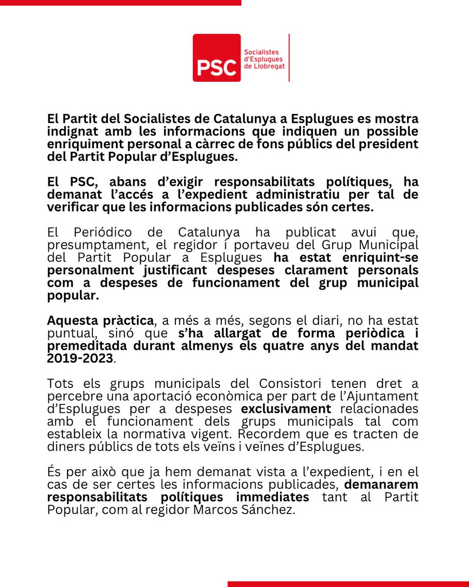 Comunicat en relació amb la notícia que publicava ahir El Periódico sobre un possible enriquiment personal a càrrec de fons públics per part del president del PP a Esplugues